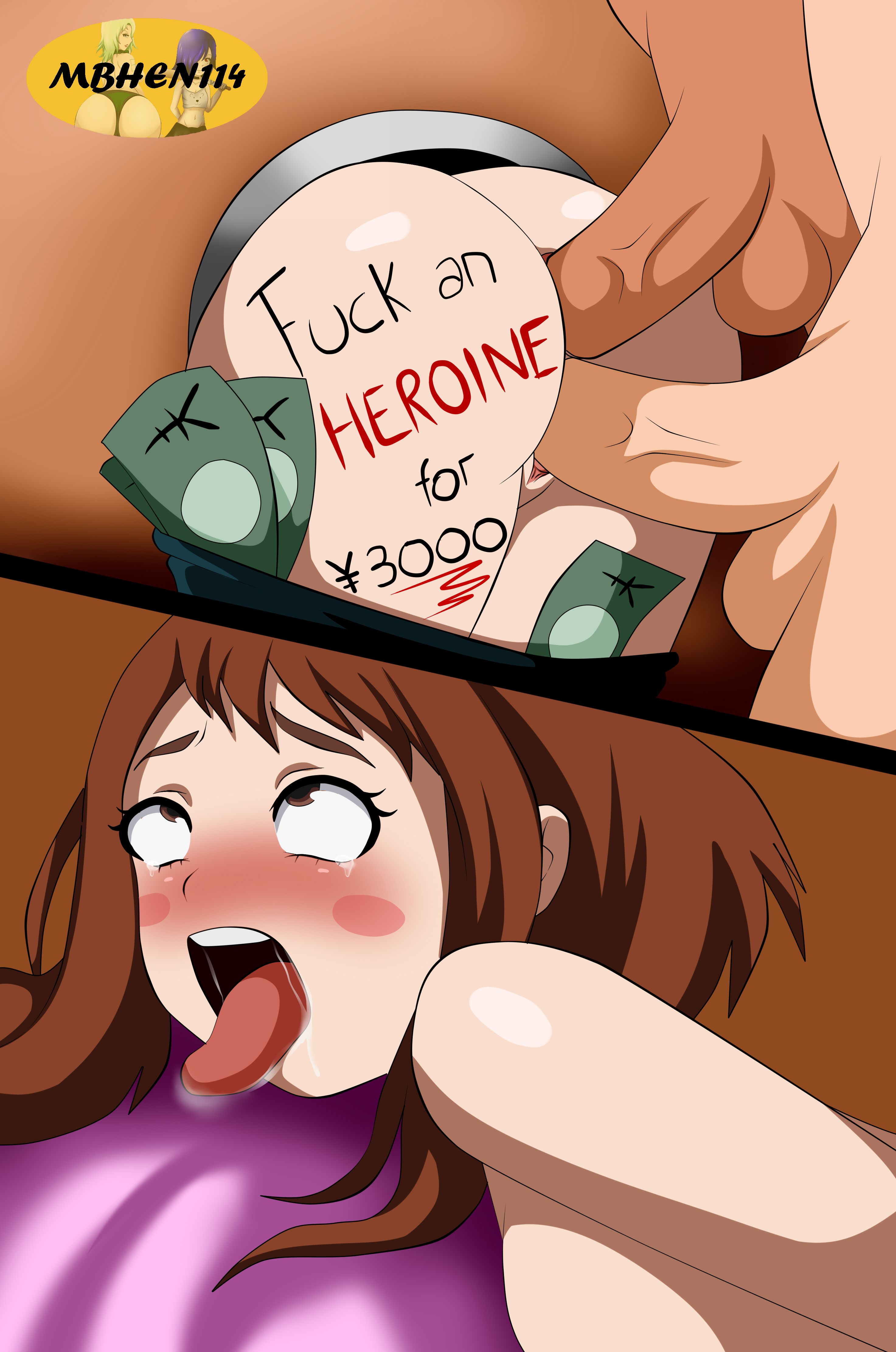 1girls, 2boys, absurd res, anal, ass, body writing, bondage, branded, branding mark, brown hair, doggy style, double penetration, english text, female, hair, highres, looking pleasured, male, mbhen114, money, multiple boys, multiple males, my hero academia, nude, ochako uraraka, open mouth, penetration, penis, price, prostitution, pussy, sex, straight, stuck in wall, text, through wall, tongue, tongue out, vaginal penetration, watermark