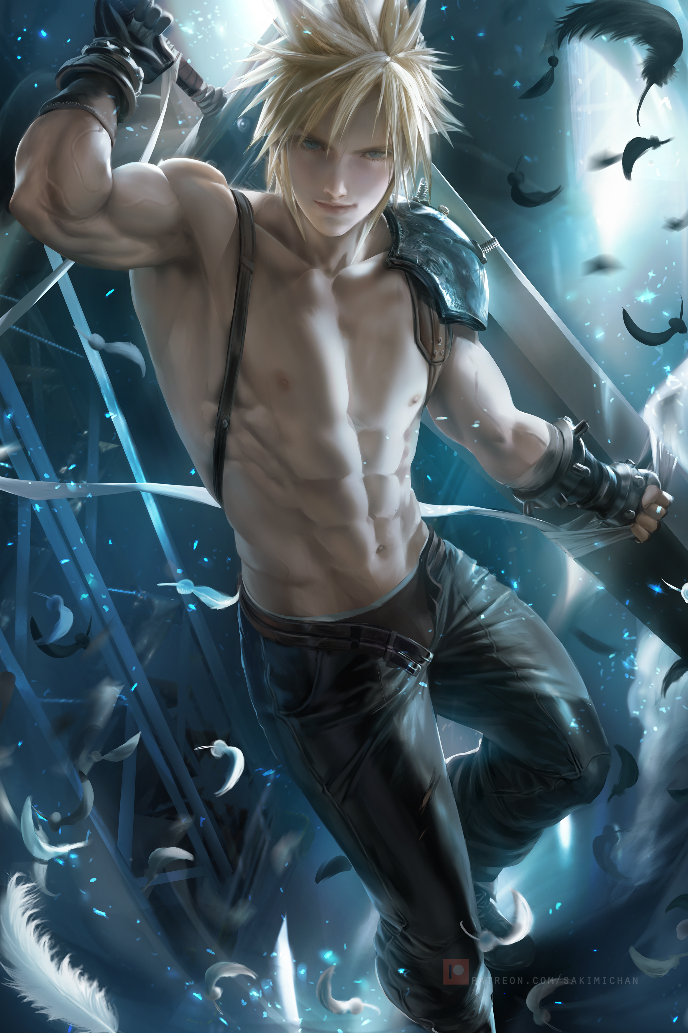 blonde hair, cloud strife, final fantasy, final fantasy vii, male, male only, sakimichan, shirtless