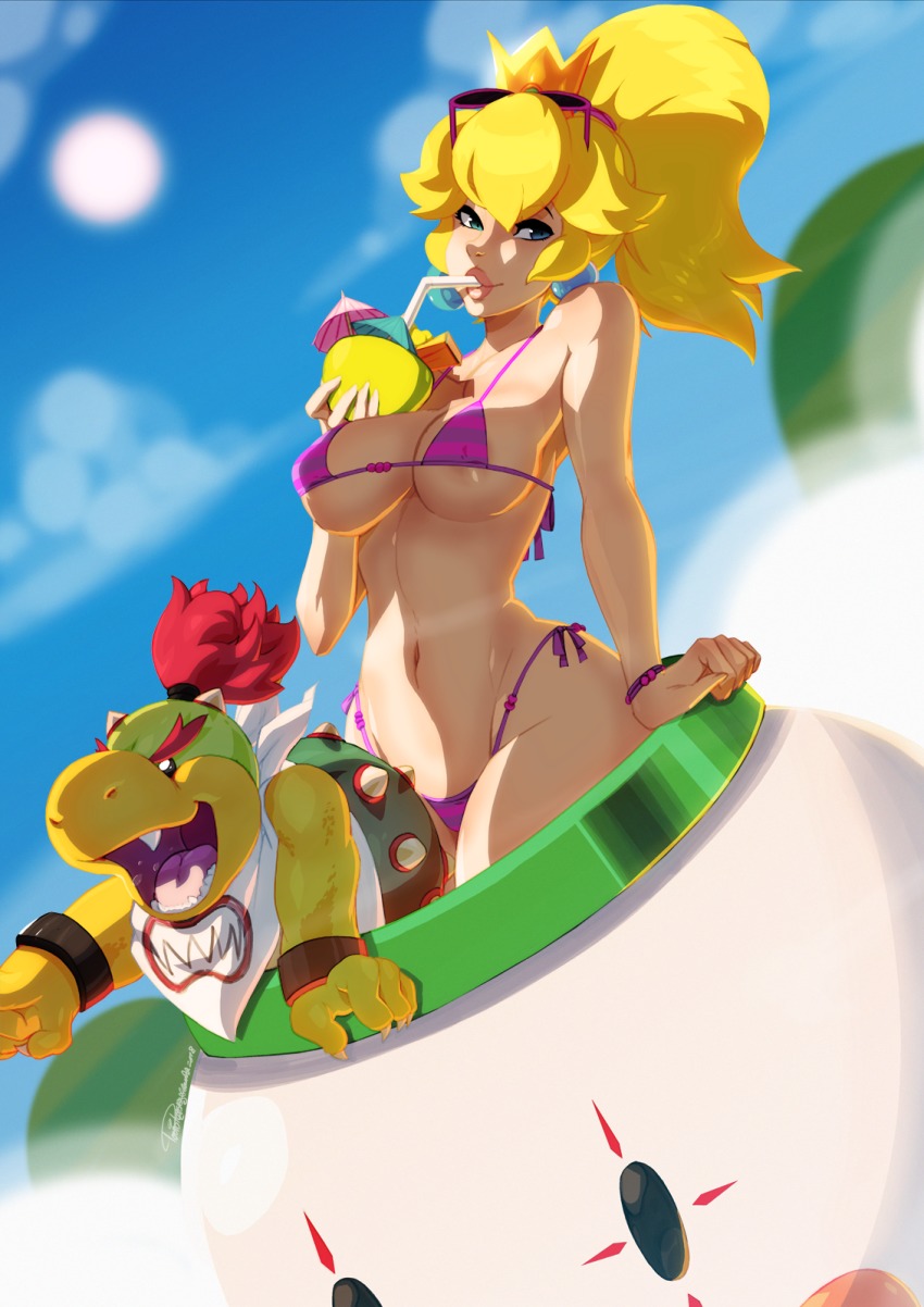 1boy 1girls areola areolae bikini blonde_hair blue blurry bowser_jr. bracelet breasts cocktail drinking eyewear fangs female field hair head highres jewelry large_breasts male mario_(series) navel nintendo outdoors ponytail princess_peach riding sky slip smile stomach straight straw sunglasses sunglasses_on_head super_mario_bros. swimsuit thong tied_hair tovio_rogers umbrella