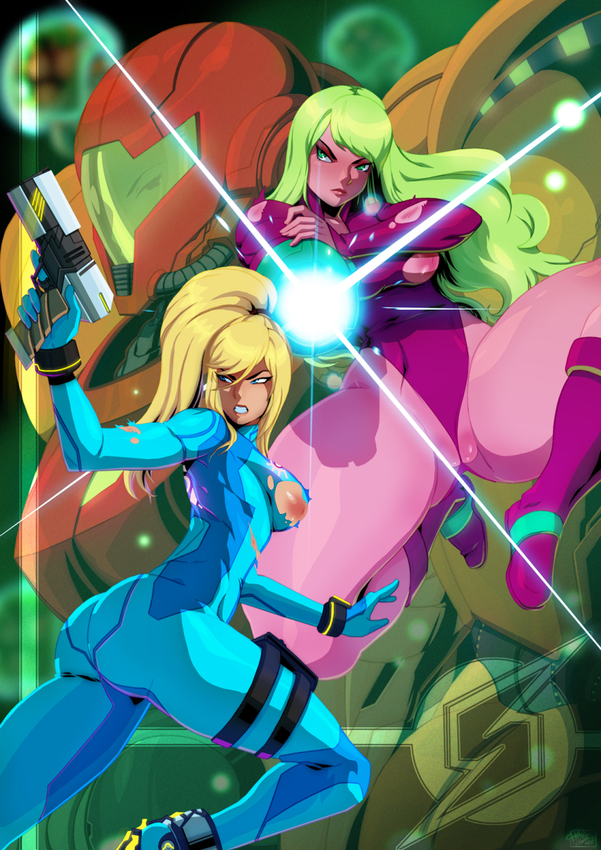 alternate angry areolae arm armor armored_samus ass attacking_viewer backboob big_ass blonde_hair blue blue_eyes bodysuit breasts bruise cameltoe cannon clothes costume eyes green_hair gun hair hair_between_eyes handgun helmet helmet_with_visor highres injury justin_bailey leotard long_hair looking_away metroid multiple_persona nintendo ponytail samus_aran thick thick_thighs thighs torn_bodysuit torn_clothes tovio_rogers varia_suit varia_suit_helmet weapon wedgie zero_suit zero_suit_samus