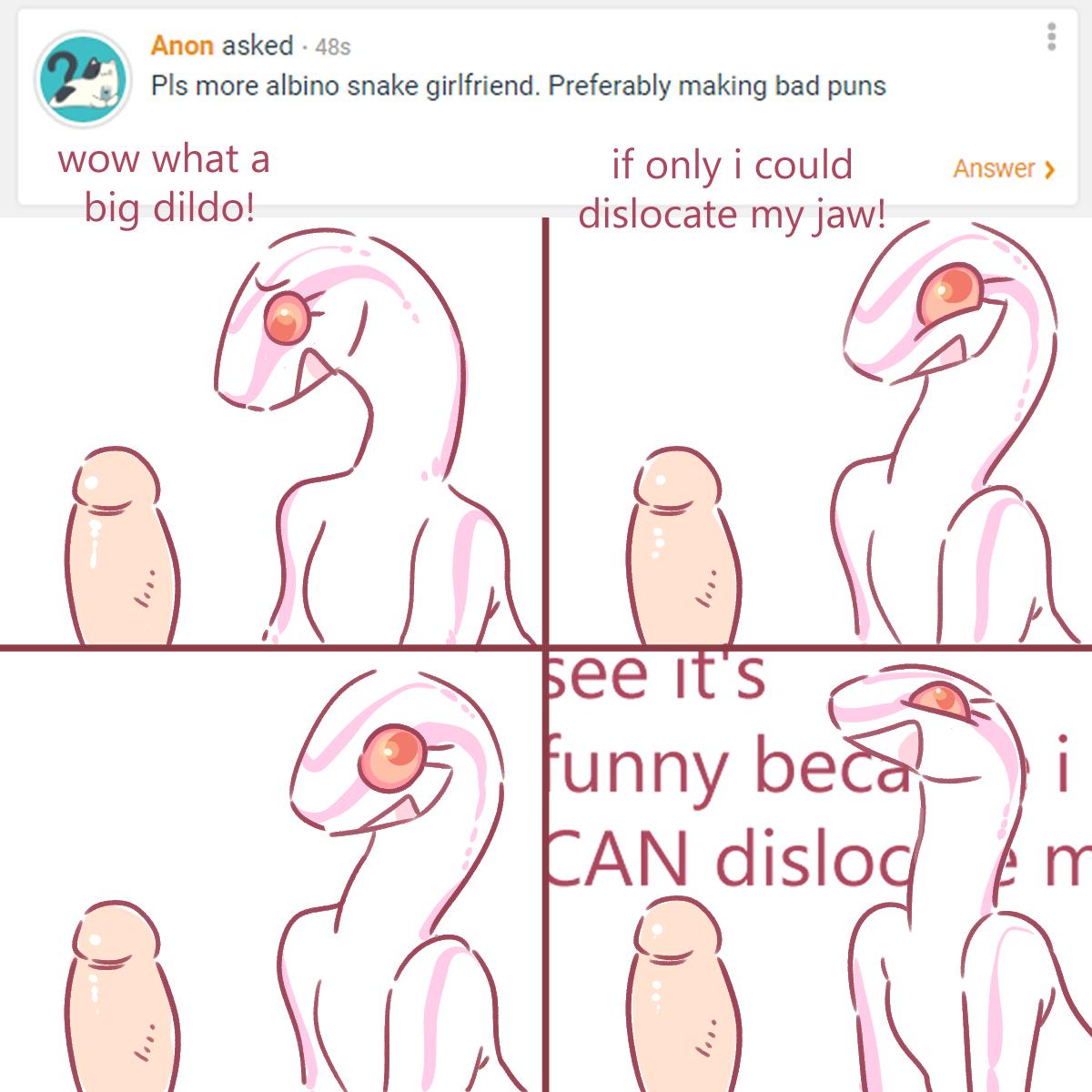 1:1 2019 albino albino_snake_girlfriend anthro ask_blog colubrid comic corn_snake cornelia_(glacierclear) digital_media_(artwork) dildo disembodied_penis duo english_text female glacierclear hi_res humor lampropeltini male nude open_mouth penis rat_snake red_eyes reptile scalie sex_toy simple_background smile snake solo_focus text