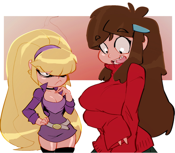 2016, 2girls, aged up, alternate breast size, angry, belt, big breasts, big hair, bigdad, black legwear, black thighhighs, blonde hair, braces, breast envy, breast hold, breasts, brown hair, brunette, chubby cheeks, cleavage, clothed, clothing, color, cute, disney, disney channel, eyebrows, eyebrows visible through hair, female, female focus, female only, frown, gravity falls, hairband, hairclip, headband, human, jacket, jealous, large breasts, long sleeves, looking at breasts, looking down, mabel pines, pacifica northwest, purple hairband, simple background, skirt, straight hair, sweater, thighhighs, tongue, turtleneck, very long hair, white background, wide eyed