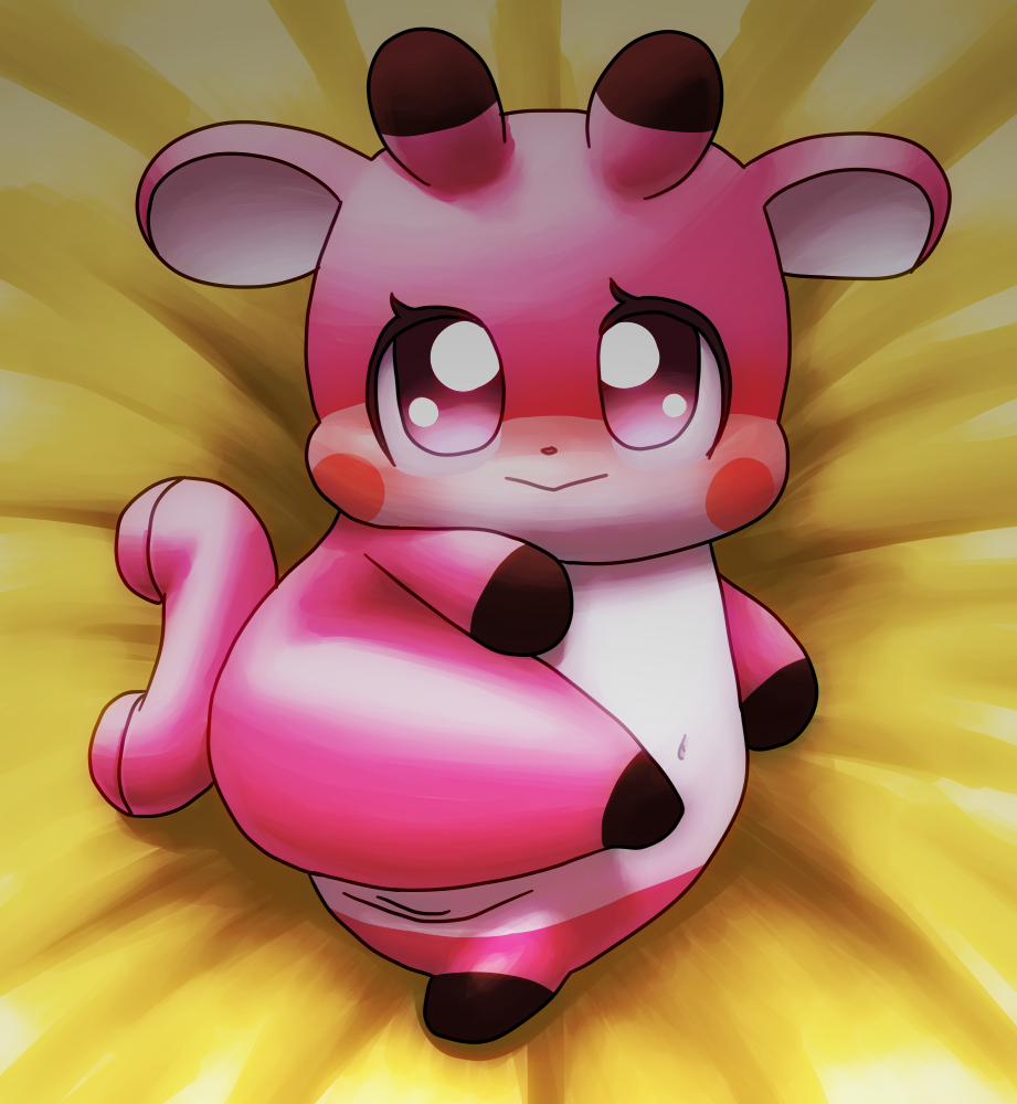 anthro bed_sheet bedding blush brown_fur cocotama featureless_limbs female fur hirake!_cocotama looking_at_viewer multicolored_fur nude pink_eyes pink_fur pipopa pussy solo white_fur 九尾