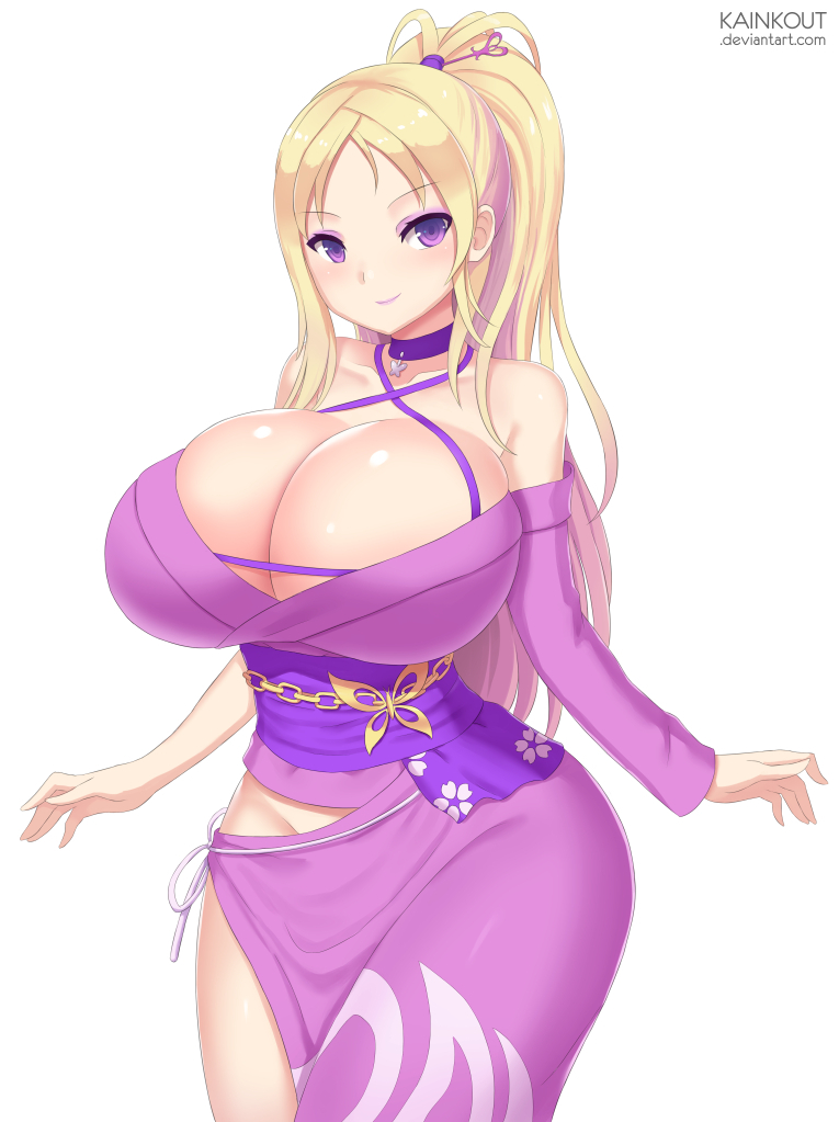 bare_arms bare_shoulders blonde_hair breasts bursting_breasts choker cleavage criss-cross_halter curvy female gradient_hair hair_stick halterneck hourglass_figure huge_breasts japanese_clothes kainkout kimono long_hair looking_at_viewer marvelous obi off_shoulder ponytail purple_eyes purple_kimono sash side-tie_panties simple_background skindentation smile solo standing valkyrie_drive valkyrie_drive_-bhikkhuni- viola_(valkyrie_drive) voluptuous watermark web_address white_background wide_hips