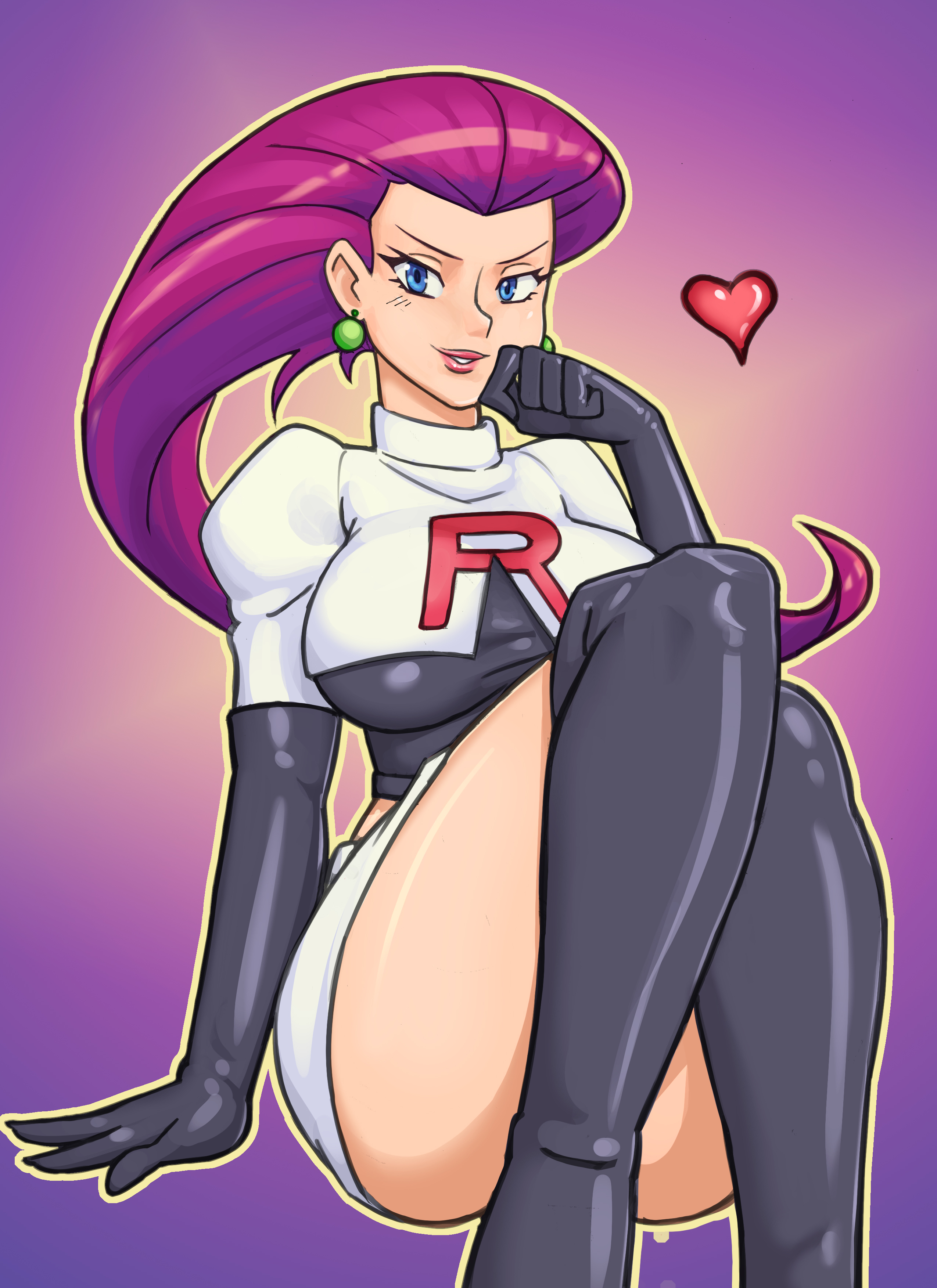 1girls, alternate breast size, ass, big ass, blue eyes, boots, breasts, clothed, deviantart, earrings, elbow gloves, eye contact, eyelashes, female, female only, fully clothed, gloves, half-closed eyes, hand to own mouth, heart, jessie (pokemon), large breasts, legs, lipstick, long hair, looking at viewer, nauth, nauth le roy, pokemon, pokemon rgby, purple hair, sitting, skirt, smile, solo, thick thighs, thigh high boots, thighs, wide hips
