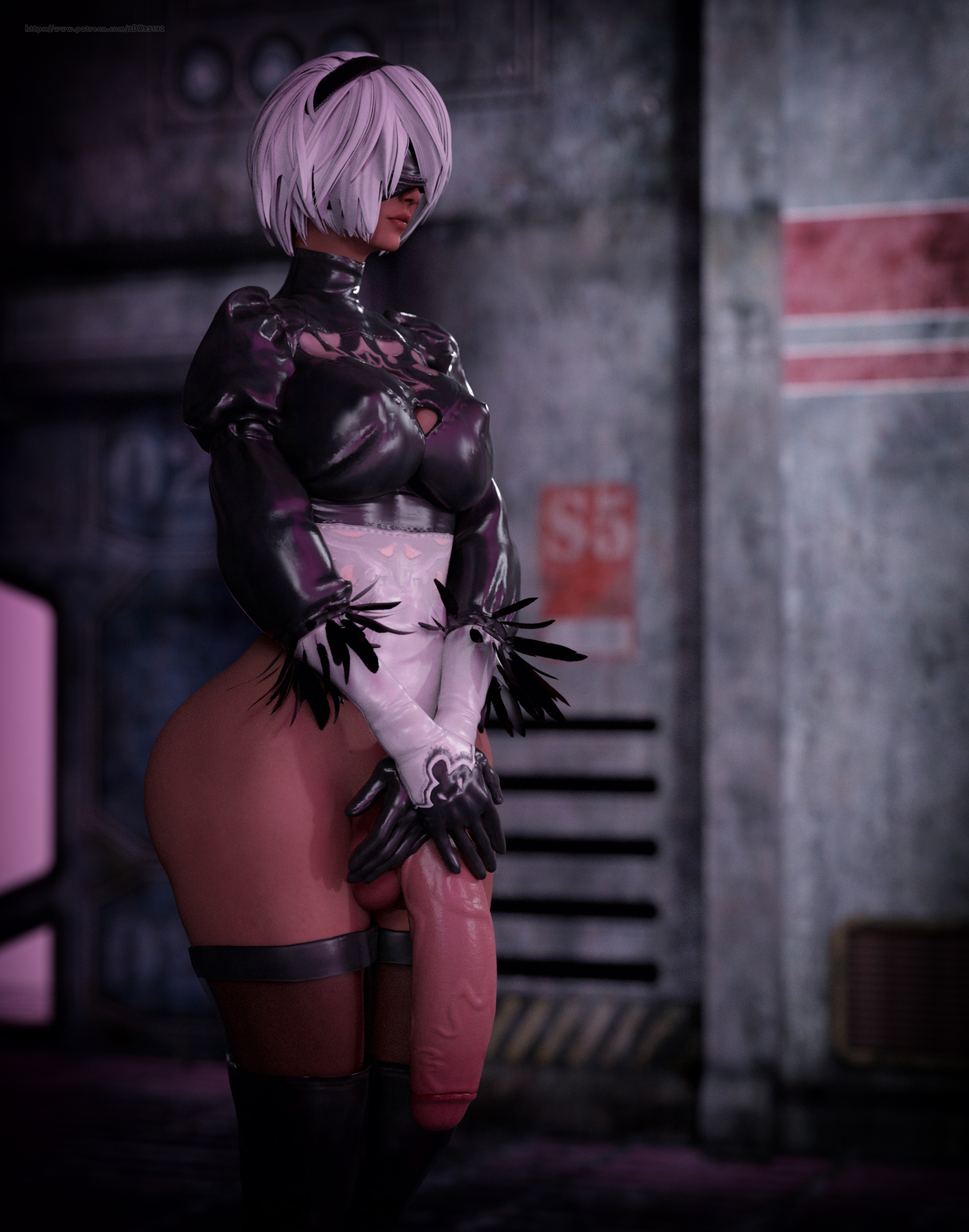 1futa, 3d, 3dx851, balls, blindfold, breasts, cosplay, flaccid, futanari, grey hair, half nude, hand on penis, highres, huge cock, intersex, long penis, nier: automata, penis, solo futa, standing, thighhighs, veiny penis, wide hips, yorha 2b