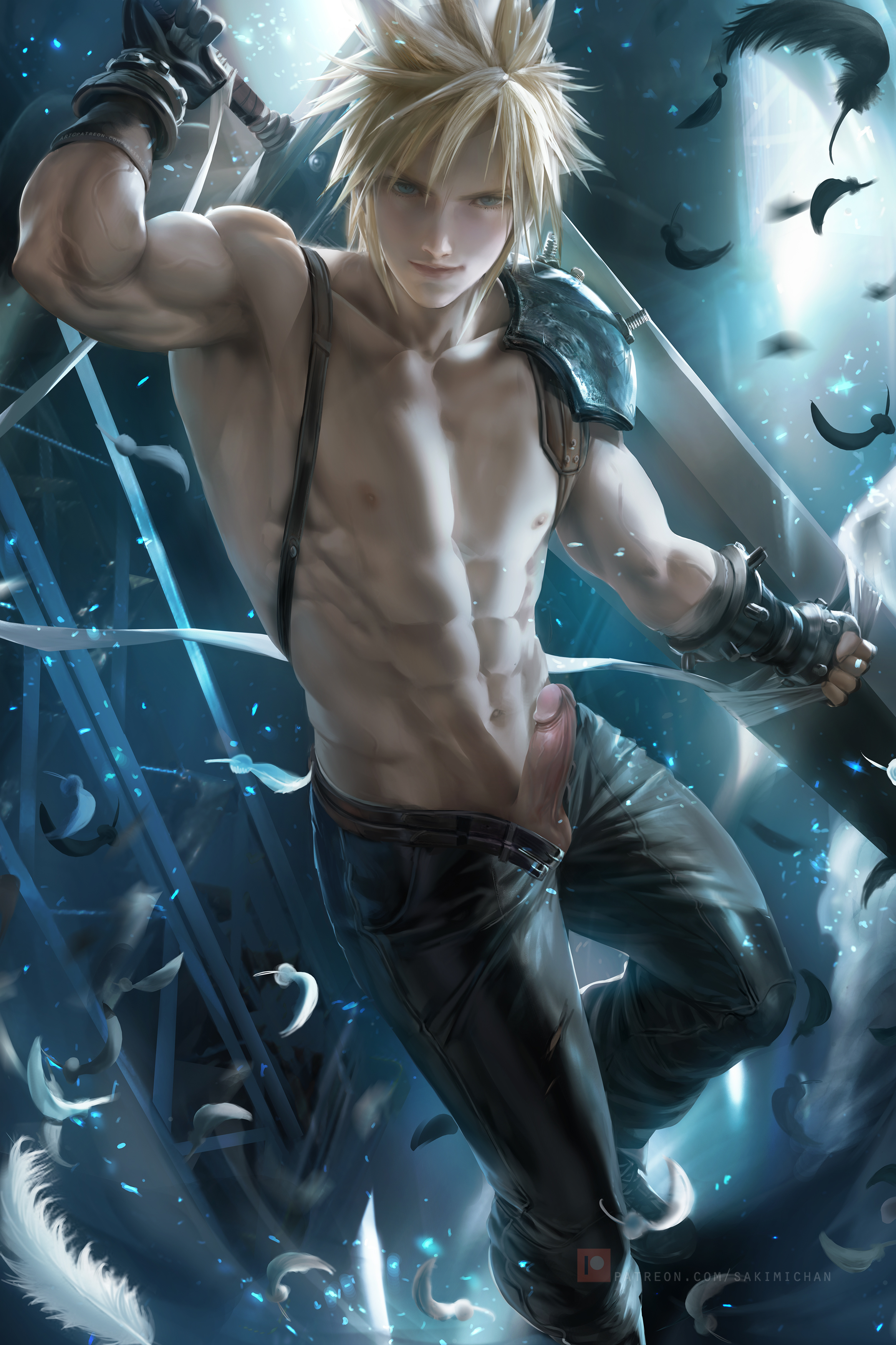 1boy, blonde hair, cloud strife, final fantasy, final fantasy vii, male, male only, nude, penis, sakimichan, shirtless, solo, yaoi