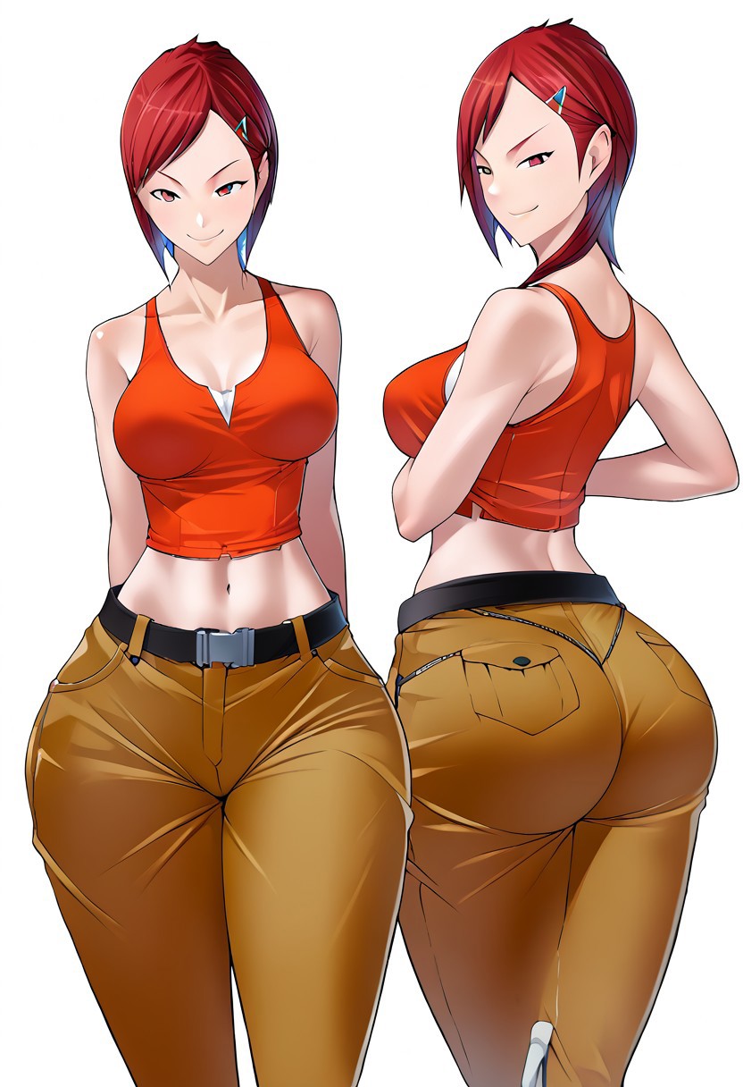 ai_generated back_view baggy_clothing belt cargo_pants digital_media_(artwork) female_only flat_colors front_view hairclip hourglass_figure multiple_views original original_artwork original_character pointy_chin side_swept_bangs tank_top white_background wide_hips