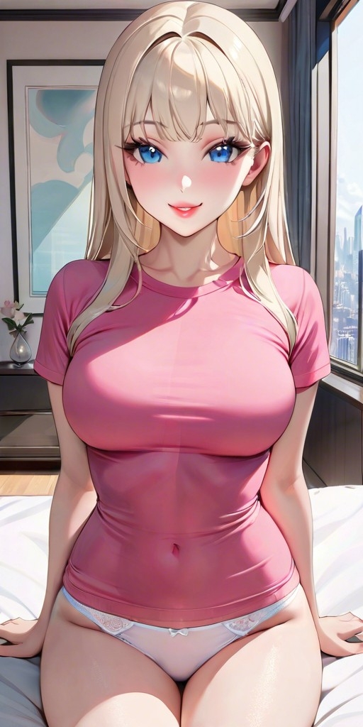 1girls adorable ai_generated arm_support bangs belly belly_button big_lips blonde_hair blue_eyes collarbone cute female female_only hips indoors inside lace lace_panties lia_the_busty_redhead long_hair looking_at_viewer medium_breasts original original_character pelvic_line petite pink_clothing pink_topwear platinum_blonde_hair seductive self_upload sitting slim slim_waist smile smiling_at_viewer solo solo_female solo_focus t-shirt tagme thin tight_clothes tight_clothing tight_fit underwear white_panties young