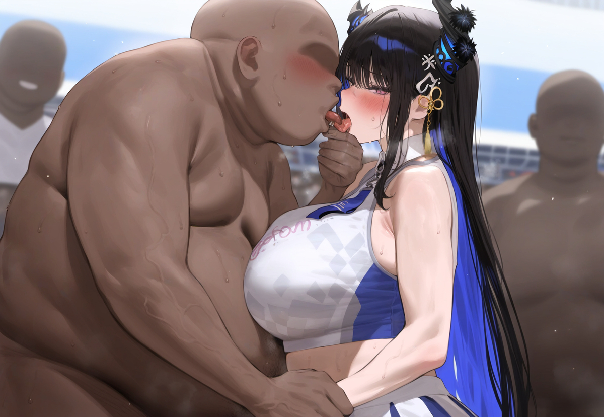 1boy, 1girls, ai generated, black hair, blue hair, breasts, cheerleader, cheerleader uniform, dark skin, dark-skinned male, fat male, female, hololive, hololive english, huge breasts, kissing, long hair, male, multicolored hair, nerissa ravencroft, ugly bastard
