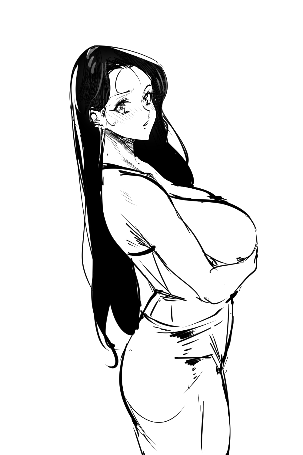 1girls big_breasts black_hair breast_lift clothed dark_hair female female_only fully_clothed looking_at_viewer pixiv2179929 uncolored