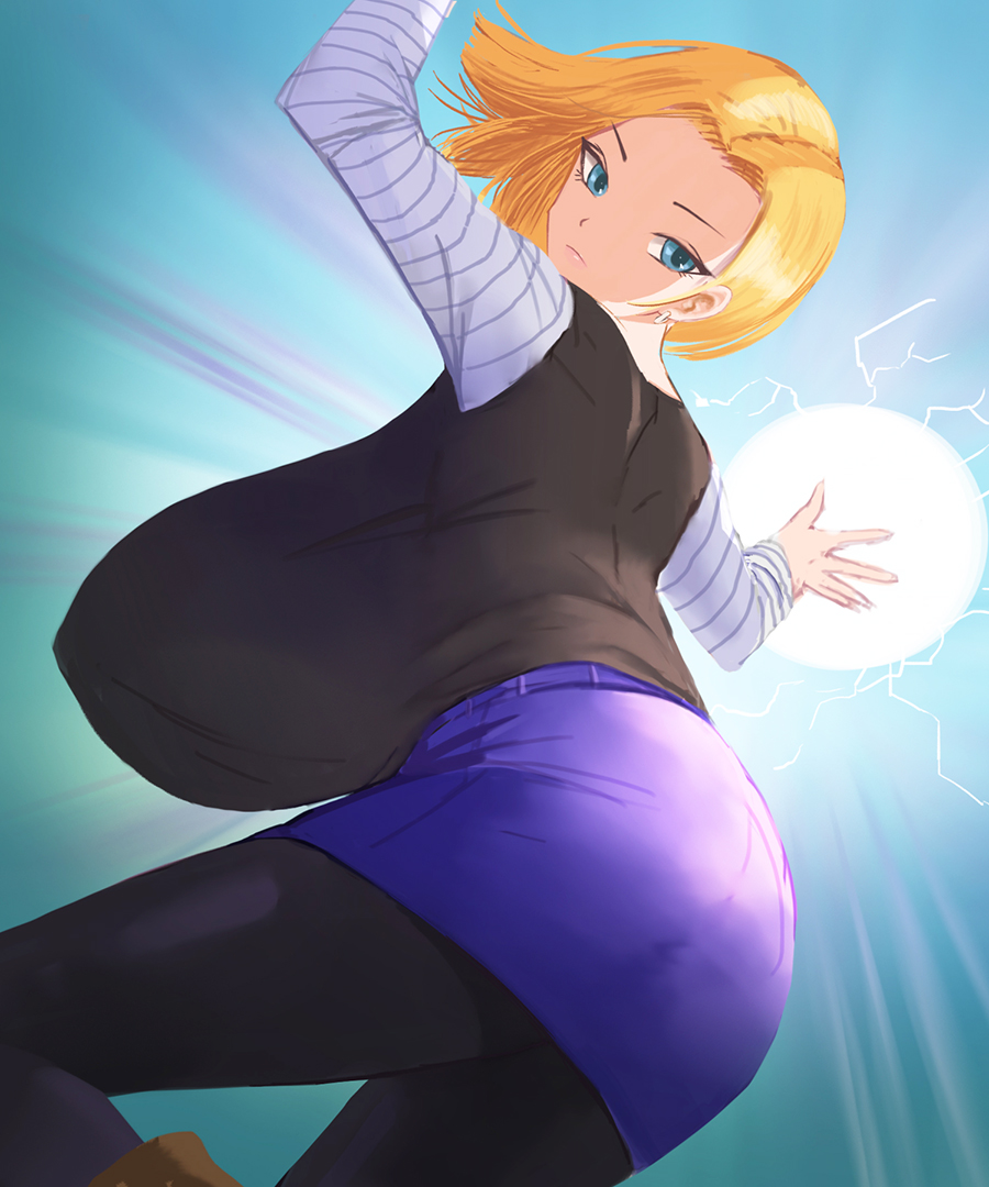 1girls android_18 back_boob big_breasts blonde_hair breasts breasts_bigger_than_head dragon_ball dragon_ball_z female masamasa only_female short_hair solo