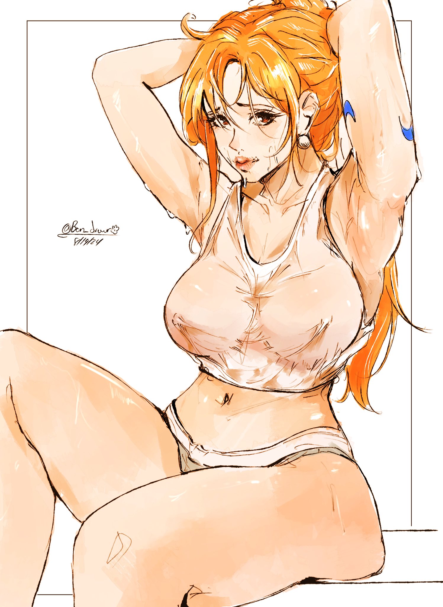 1girls, 2d, 2d (artwork), arm tattoo, big breasts, blue tattoo, bon drawr, breasts, clothed, clothing, female, female focus, female only, long hair, looking at viewer, nami (one piece), one piece, orange hair, orange-haired female, post-timeskip, tattoo