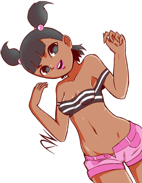 black_hair dark-skinned_female dark_skin dzyer gray_eyes katie_(tdi) lipstick midriff open_mouth short_shorts smiling thigh_gap thighs total_drama_island twintails unbuttoned