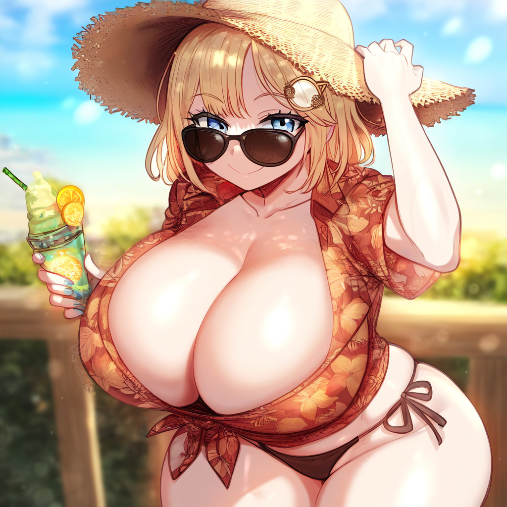 ai_generated ameanon beach big_breasts bikini blonde_hair blue_eyes breasts breasts_bigger_than_head cleavage drink hawaiian_shirt holding_drink hololive hololive_english hololive_myth huge_breasts large_breasts mommy side-tie_bikini straw_hat sunglasses tropical_drink virtual_youtuber vtuber watson_amelia