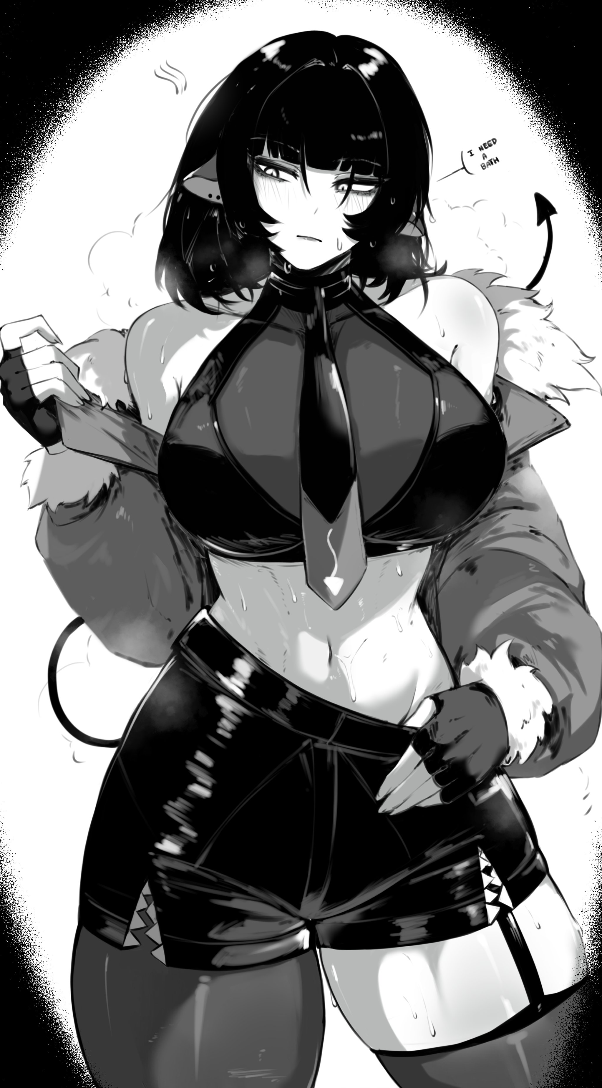 1girls, animal ears, asymmetrical legwear, big breasts, black and white, black hair, bob cut, breasts, busty, clothed, curves, curvy, dark hair, female, female only, fully clothed, grin, grinning, hoyoverse, jane doe (zenless zone zero), large breasts, masoq095, mihoyo, monochrome, monster girl, rat ears, rat girl, rat tail, revealing clothes, smirk, smirking, sweat, sweating, sweaty, thick, thick thighs, thighs, zenless zone zero