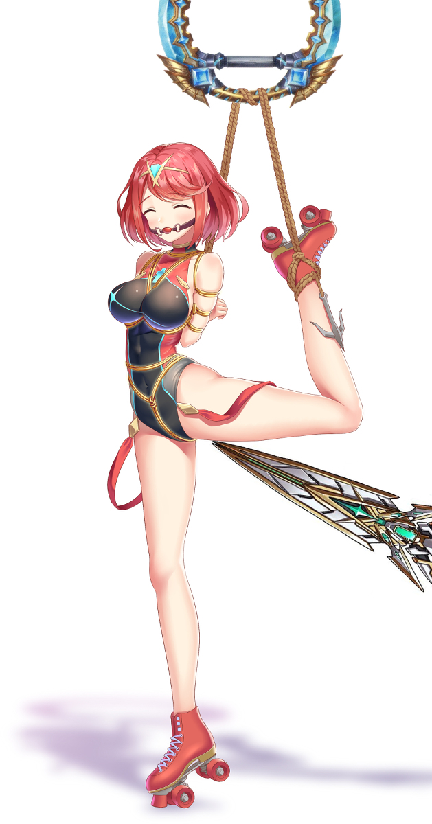 ball_gag blush bondage bound bound_arms core_crystal female female_focus female_only gag gagged nintendo one_leg_up open_mouth pyra pyra_(xenoblade) red_hair roller_skates thighs xenoblade_(series) xenoblade_chronicles_2