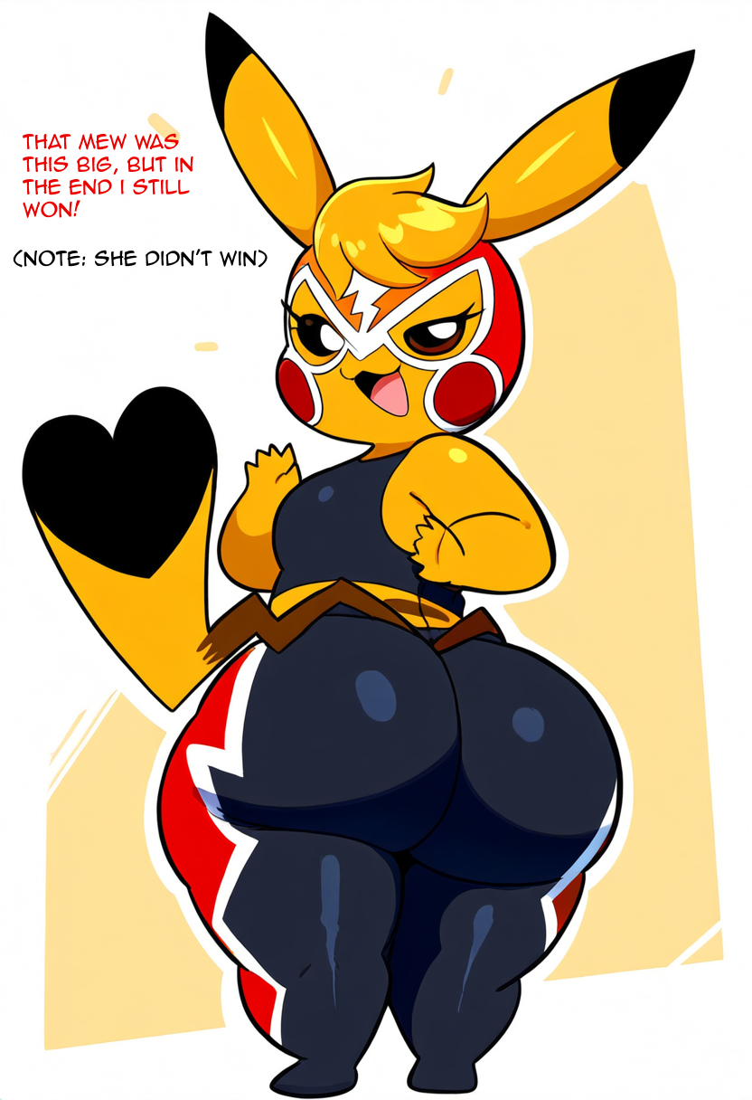 ai_generated anthro ass big_butt bottomwear breasts cleft_tail clothed clothing cosplay_pikachu_(character) cosplay_pikachu_(costume) costume dipstick_ears female generation_1_pokemon hi_res huge_butt kanna_(joaoppereiraus) looking_back mammal mask multicolored_ears nintendo open_mouth pikachu pikachu_libre pokemon pokemon_(species) pokemorph short_stack simple_background solo text thick_thighs wide_hips