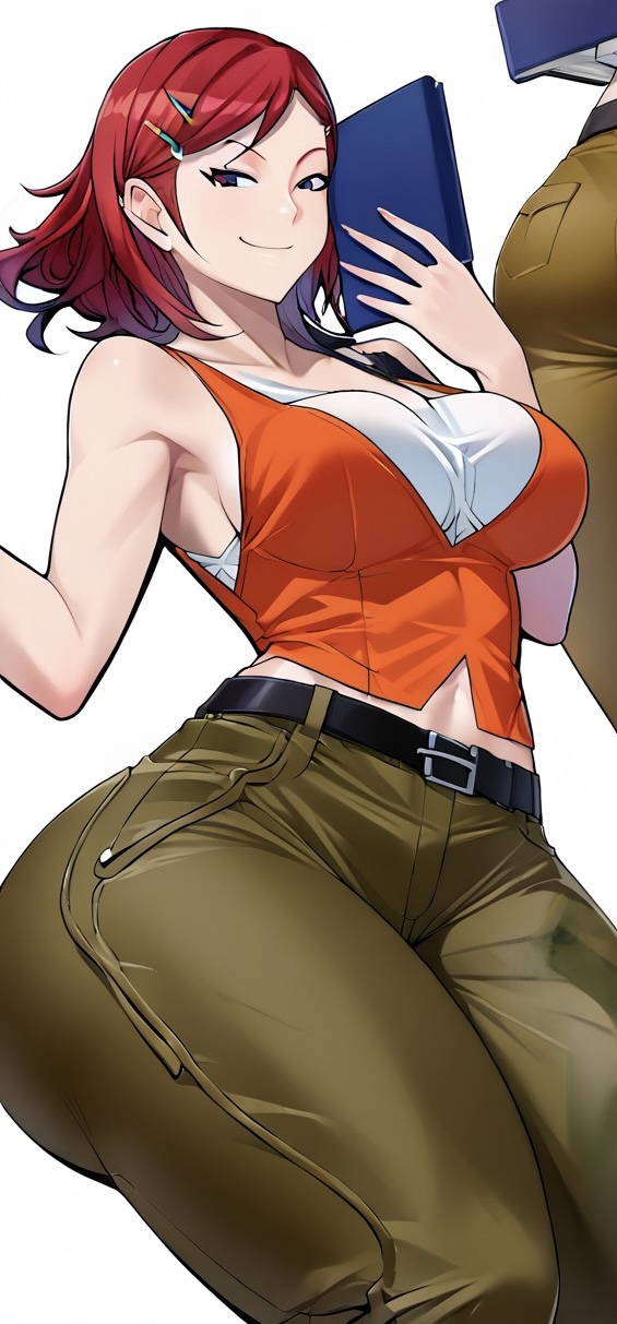 ai_generated back_view baggy_clothing belt cargo_pants digital_media_(artwork) female_only flat_colors front_view hairclip hourglass_figure multiple_views original original_artwork original_character pointy_chin side_swept_bangs tank_top white_background wide_hips