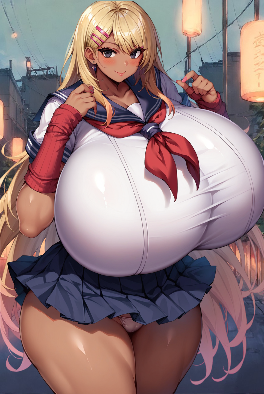 ai_generated arm_warmer big_hips big_thighs black_eyes blonde_hair female gigantic_breasts gyaru hair_clips night school_uniform smile street tanned_skin white_panties