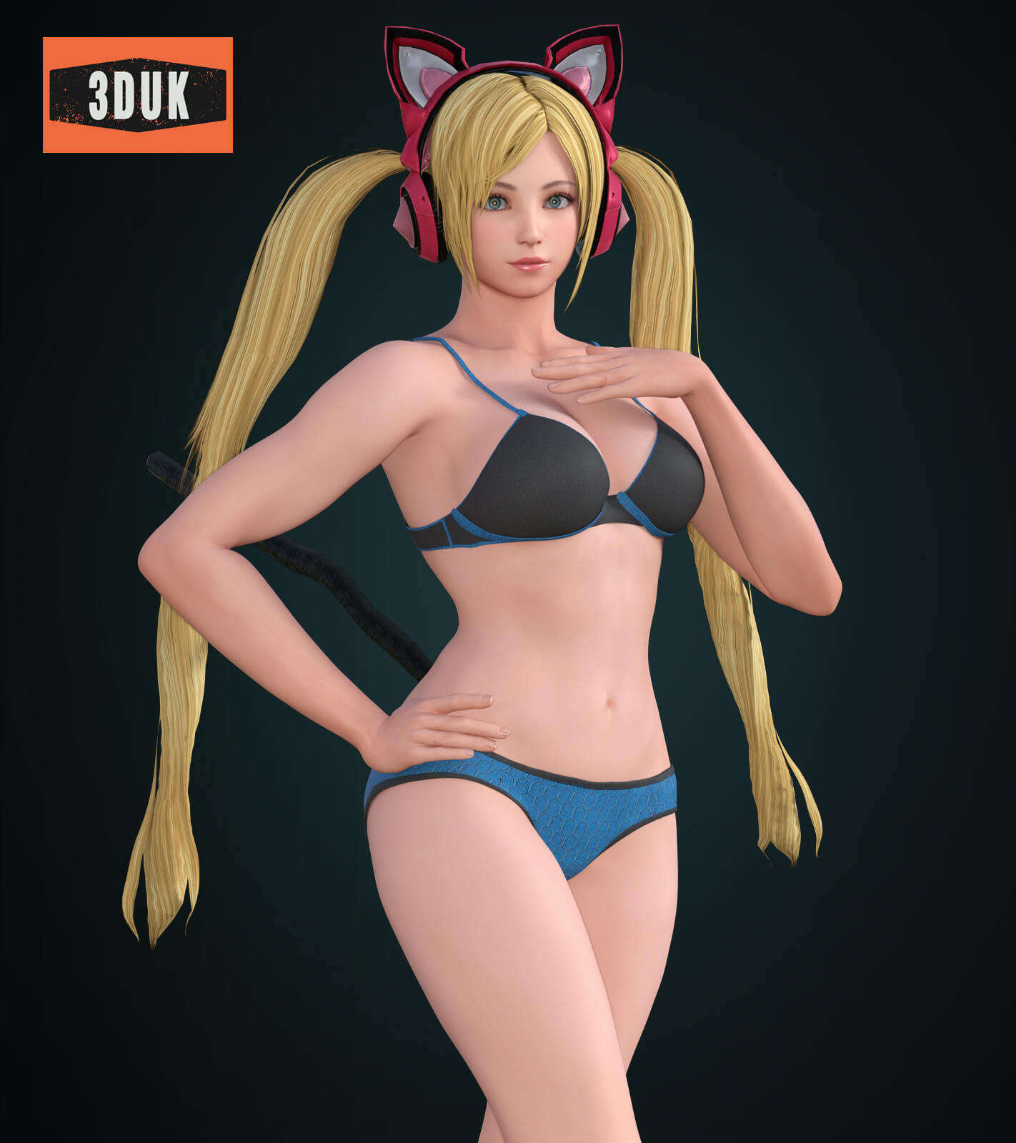 1girls 3d 3duk bikini blonde_hair blue_eyes cat_ear_headphones cat_tail cleavage female female_only lucky_chloe medium_breasts namco pin_up posing solo tekken tekken_7