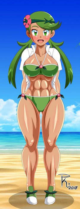 1girls, 2018, abs, alternate breast size, artist signature, beach, bikini, blue sky, blush, blushing, breasts, cleavage, clothed, clothing, curvy, dark skin, dark-skinned female, dated, eyebrows visible through hair, eyelashes, female, female only, fit, fit female, flower, flower in hair, fully clothed, game freak, green bikini, green eyes, green hair, green shoes, green swimsuit, hair flower, hourglass figure, huge breasts, looking at viewer, mallow (pokemon), muscles, muscular, muscular female, navel, nintendo, ocean, open mouth, open shirt, outdoors, panties, pink flower, pk-studios, pokemon, pokemon sm, sea, shiny clothes, shiny hair, shiny skin, shirt, shoes, signature, sky, smile, smiling, solo, standing, text, thick thighs, toned, toned female, tongue, twintails, video game, water, watermark, white shirt, wide hips