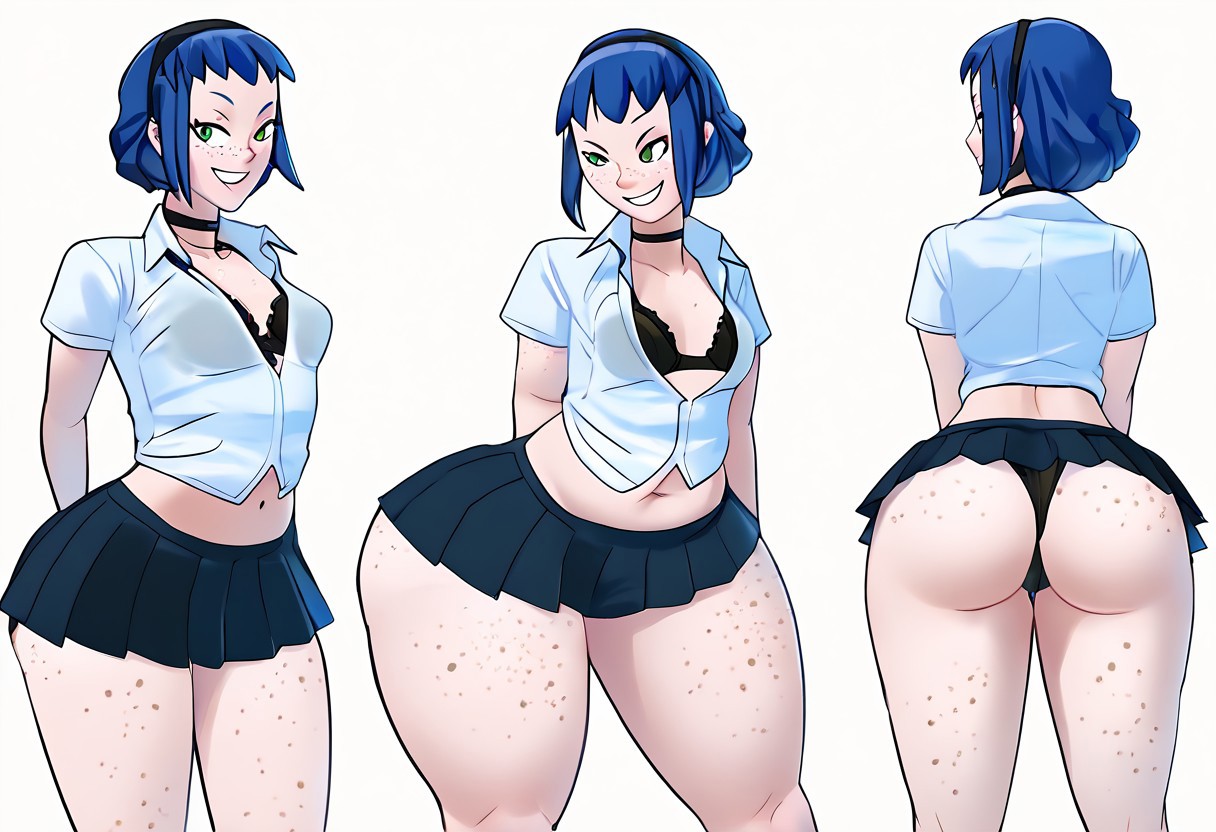 ai generated, ass, big ass, ceci escribano (hellonearthiii), female, flat colors, freckles, freckles on ass, from behind, full body, hellonearthiii, hi res, legs up, looking back, multiple views, school uniform, shiny skin, thick thighs, thighs, thighs together, underwear, wide hips