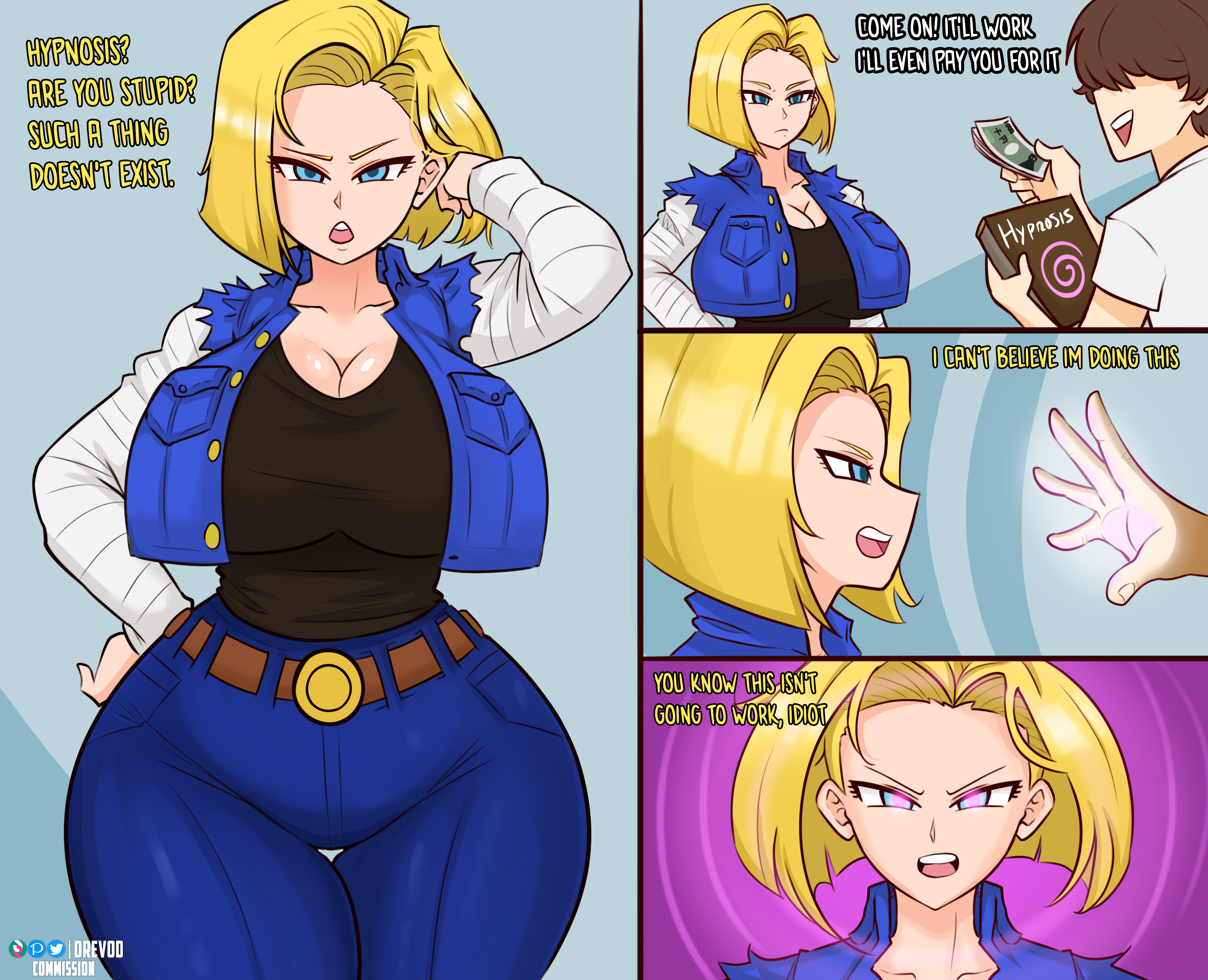 android 18, ass, big ass, big breasts, blonde hair, breasts, corruption, dragon ball, dragon ball z, drevod, female, hypnosis, mind control, short hair