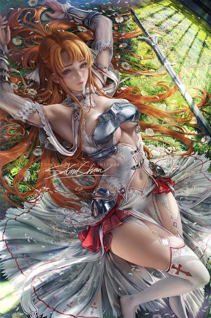 1girls, breasts, cleavage, female, female only, looking at viewer, pinup, sakimichan, solo, sword art online, thighhighs, underboob, yuuki asuna