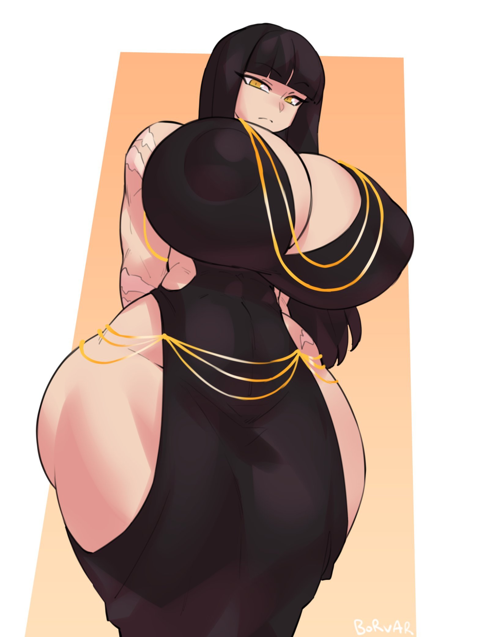 1girls, ass, big ass, black hair, borvar, breasts, dress, female, frown, gold jewelry, huge breasts, looking down, modakawa dress, muscular, muscular female, no nostrils, power (powerslamming), powerslamming, thick thighs, thin eyebrows, wide hips