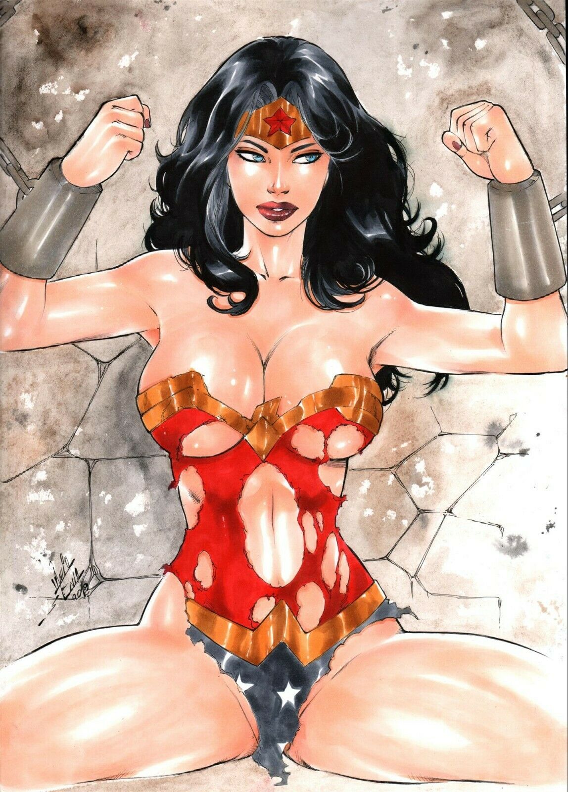 1girls, 2019, amazon, black hair, blue eyes, bondage, bound, bound wrists, bracers, breastplate, breasts, captured, chained, chains, cleavage, curvaceous, curvy, dated, dc, dc comics, defeated, diana of themyscira, ed benes studio, eyeshadow, female, female only, femsub, goddess, human, lanio sena, large breasts, legs spread, leotard, lipstick, long hair, lost clothes, makeup, mascara, nail polish, panties, pinup, pussy, red lips, red lipstick, ripped clothing, signature, solo, spread legs, superheroine, thick thighs, thighs, tiara, torn clothes, torn clothing, wonder woman, wonder woman (series)