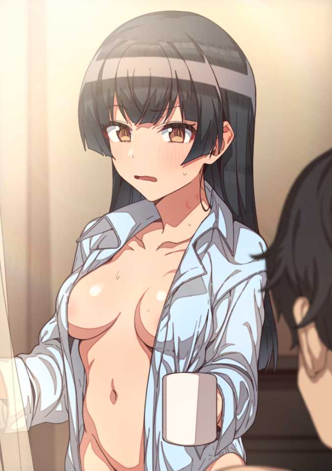 1boy areola_peek black_hair brown_eyes busty coffee_mug erere female female_focus hickey idolmaster idolmaster_shiny_colors large_breasts long_hair mayuzumi_fuyuko mug open_shirt sideboob straight_hair sweatdrop