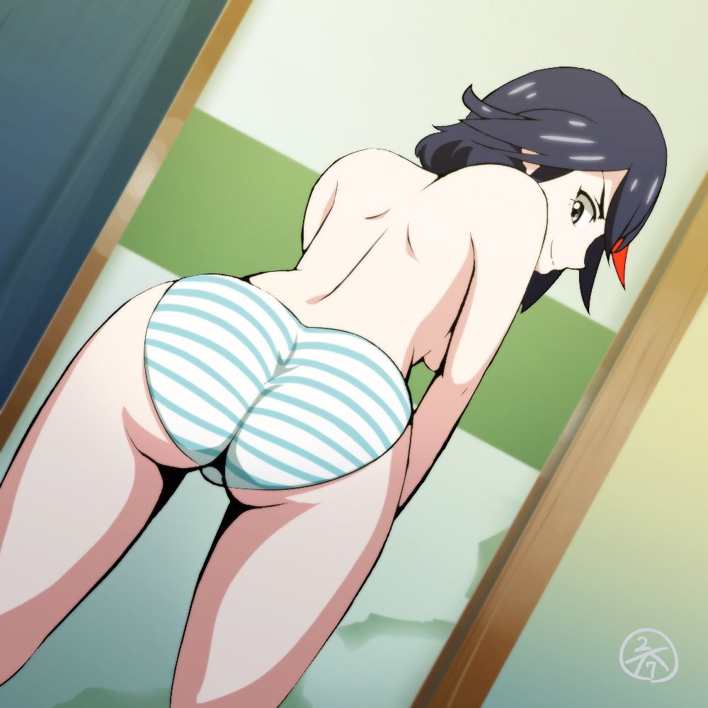 1girls ass bending_forward black_hair blue_striped_panties breasts canon_panties favorite grey_eyes keimaru kill_la_kill looking_back matoi_ryuuko panties red_highlights shimapan sideboob smile smiling striped_panties topless two_tone_hair watermark