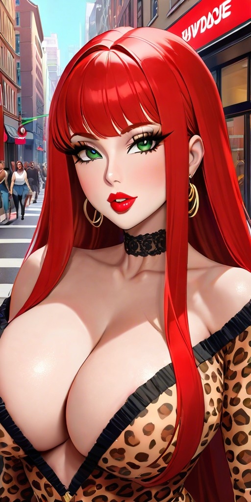 1girl 1girls ai_generated background bangs bare_shoulders big_breasts big_eyes bimbo bimbo_lips blush breasts busty choker cleavage clothed clothing collar collarbone deep_cleavage earrings eyelashes fake_breasts green_eyes house houses lace lace_choker lace_trim lashes leopard_print lia_the_busty_redhead lips lipstick long_bangs long_hair long_lashes long_sleeves makeup original original_character outdoors outside public red_hair self_upload slut slutty_clothing slutty_outfit small_nose straight_bangs straight_hair street tagme