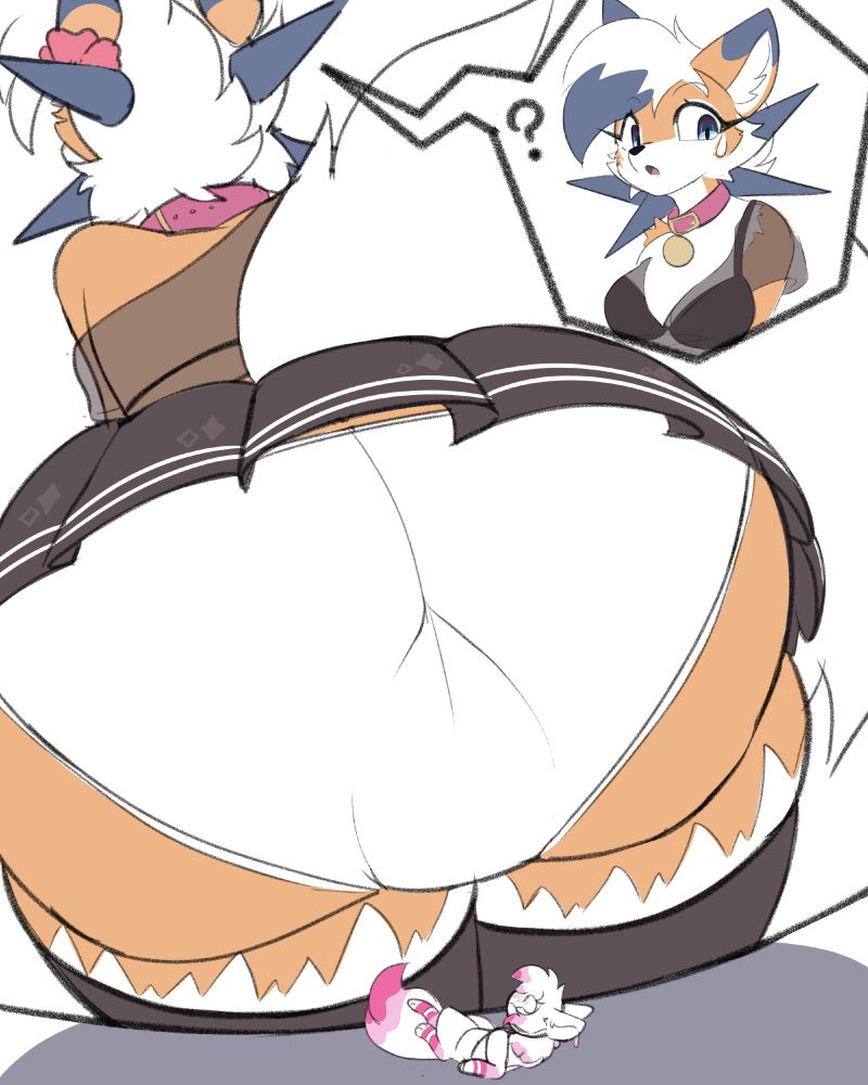 ? black_bra brown_fur butt_focus furry giantess imminent_buttcrush lycanroc macro macro_female micro micro_male necklace p4wsized panicking parfait_(yesthisisgoocat) pokemon_(species) sitting_on_person skirt underwear white_underwear