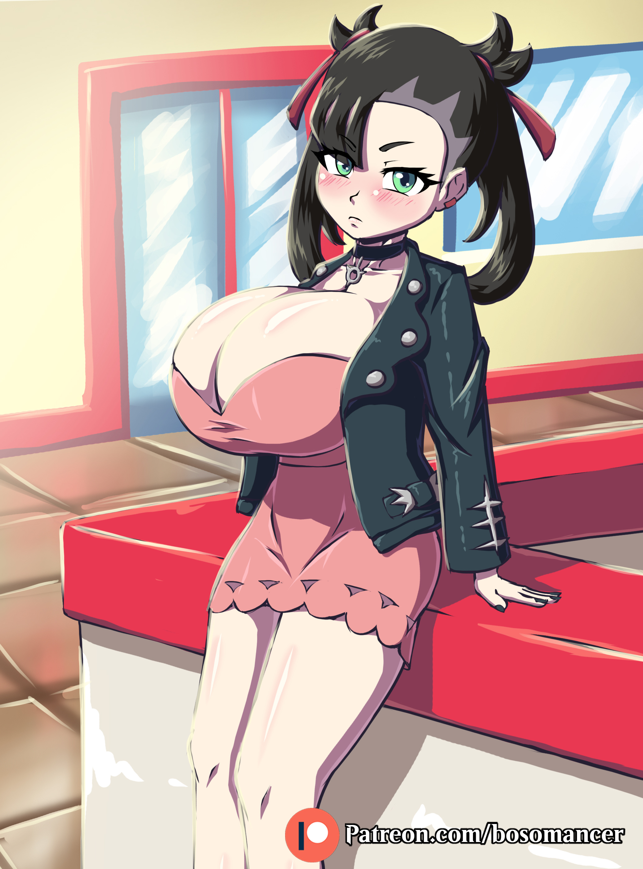1girls, alternate breast size, black hair, blush, bosomancer, breasts, clothed, dress, female, game freak, goth, green eyes, huge breasts, human, human only, jacket, looking at viewer, marnie (pokemon), nintendo, open jacket, patreon, pokemon, pokemon ss, text, url, watermark