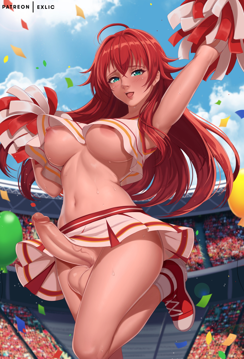 1futa, balls, big breasts, big penis, blush, bottomless, breasts, casual, casual erection, casual exposure, casual nudity, cheerleader, clothed, clothing, erection, exhibitionism, exlic, functionally nude, futa only, futanari, high school dxd, human, intersex, light skin, light-skinned futa, mostly nude, penis, public, public exposure, rias gremory, shy, skirt, skirt lift, solo, stadium, stadium background, underboob