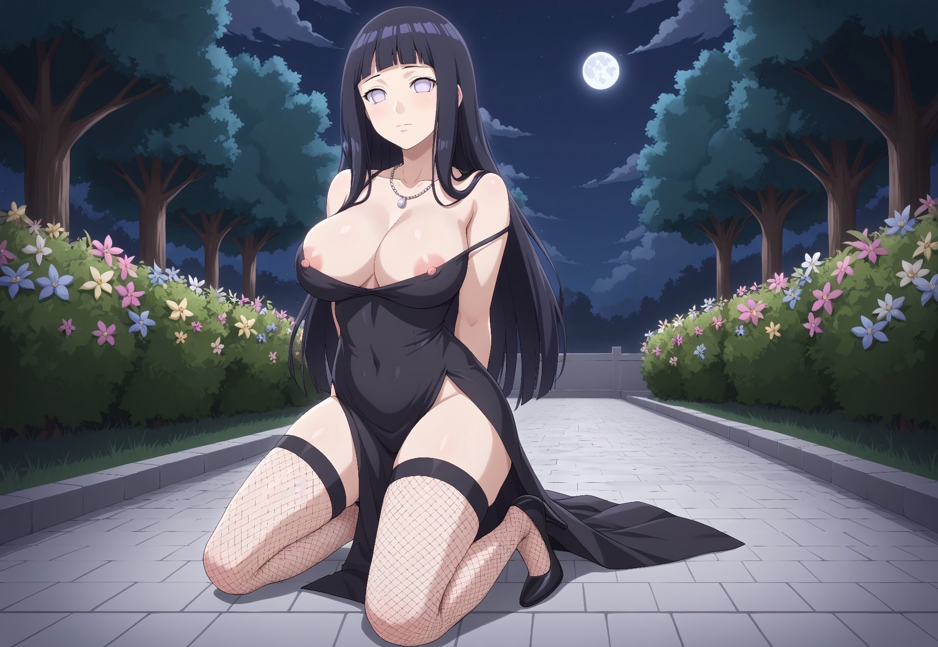 ai generated, arms behind back, big breasts, black hair, breasts, civitai, dress, elegant dress, female, fishnets, full body, high heels, hyuuga hinata, kneeling, large breasts, long hair, looking at viewer, naruto, naruto (series), naruto shippuden, necklace, nipple slip, nipples, no pupils, purple eyes, silver necklace, small waist, stockings