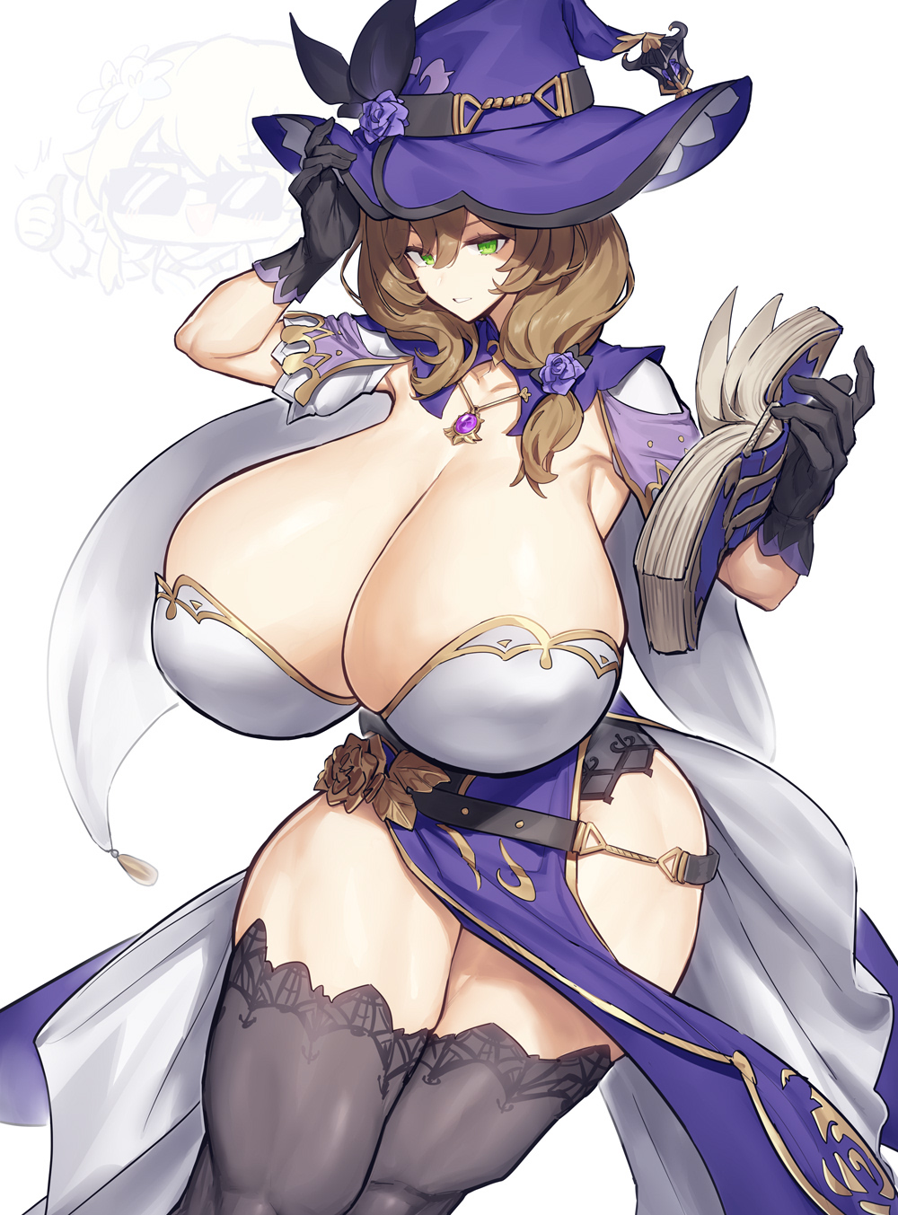 1girls big_breasts book breasts brown_hair female_only genshin_impact green_eyes grimoire hand_on_hat holding_object hourglass_figure huge_breasts hyper_breasts light-skinned_female lisa_(genshin_impact) melon22 revealing_clothes solo thick_thighs thighhighs thumbs_up voluptuous wide_hips