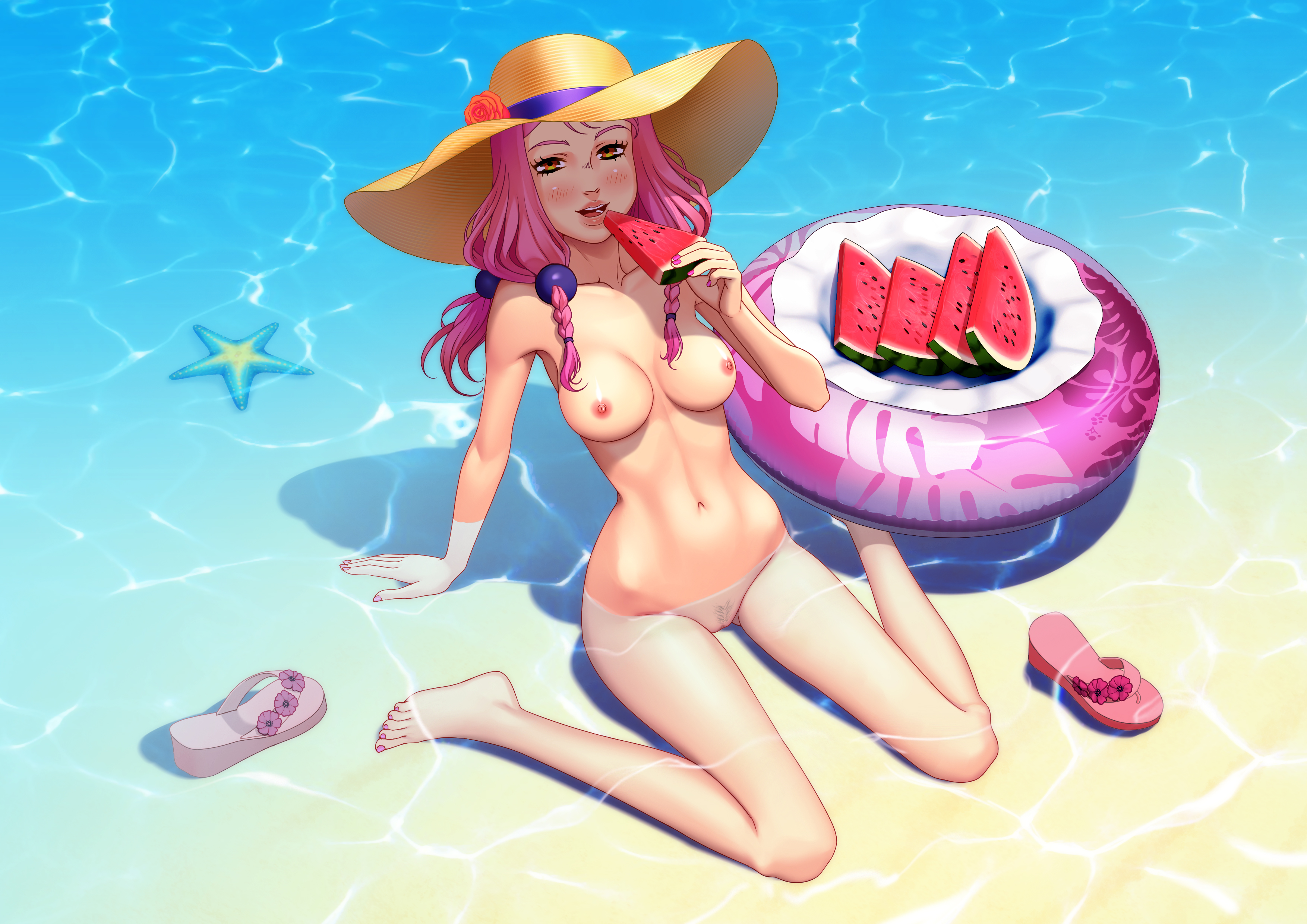 1girls, barefoot, beach, blush, breasts, collarbone, eating, eating food, eating fruit, eating watermelon, feet, female, female only, food, fruit, highres, holding, holding food, holding fruit, holding object, holding watermelon, human, innertube, jojo's bizarre adventure, jojolion, legendarysoulii, light skin, light-skinned female, long hair, looking at viewer, looking up, nail polish, naked, nude, orange eyes, partially submerged, pink hair, pubic hair, pussy, shounen jump, sitting, solo, solo female, starfish, straw hat, toned, watermelon, watermelon slice, yasuho hirose