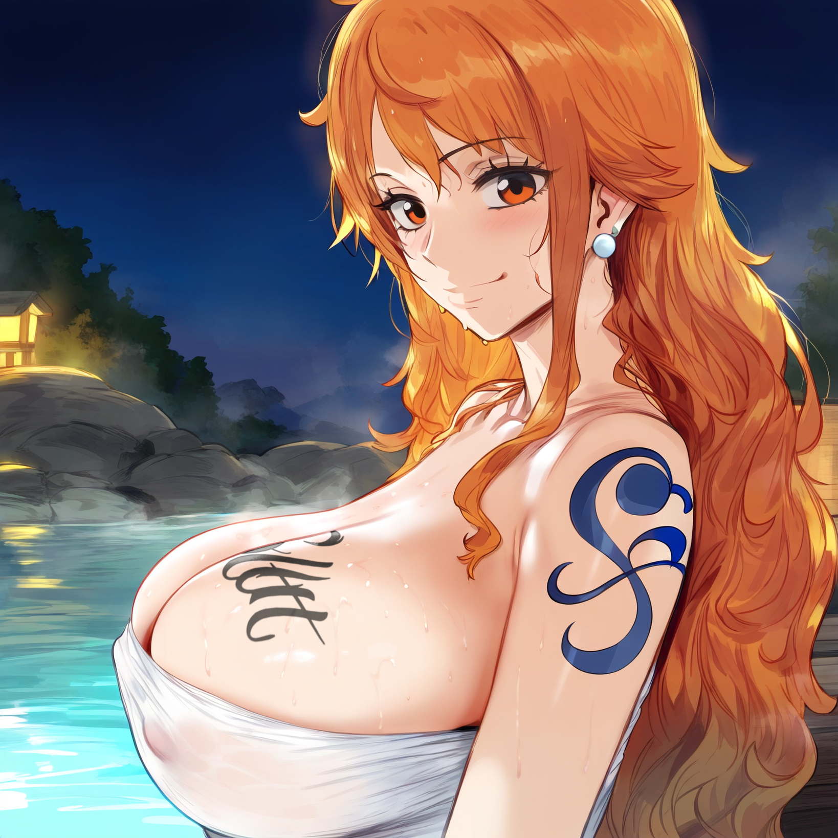 1girls, ai generated, breasts, female, female only, himeno, huge breasts, large breasts, nami (one piece), one piece, post-timeskip, qos, queen of spades, slut tattoo, snowbunny, tattoo on breast, tattooed arm