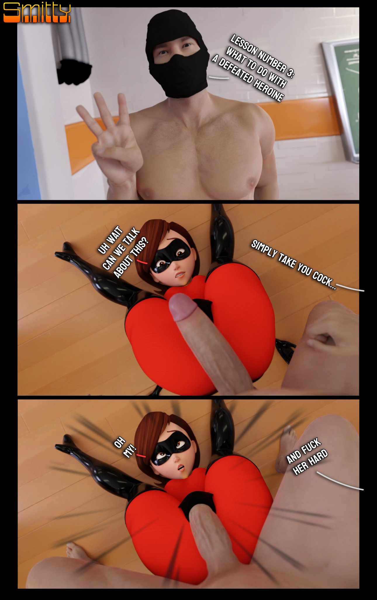 1boy, 1girls, 3d, apple butt, ass, balaclava, big ass, big breasts, big butt, boots, bottom heavy, breasts, brown hair, bubble ass, bubble butt, busty, comic, costume, curvaceous, curvy, dialogue, disney, elastigirl, english text, faceless male, female, gloves, helen parr, heroine, hips, hourglass figure, huge ass, huge breasts, huge cock, large ass, large breasts, legs, male, masked, masked male, mature, mature female, milf, mother, original character, panels, penetration through clothes, penis, pixar, smitty34, straight hair, superhero, superheroine, text, the incredibles, thick, thick ass, thick legs, thick thighs, thighhigh boots, thighs, tight clothing, voluptuous, wide hips