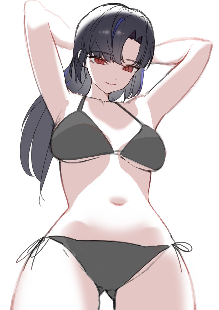 1girls, 2d, aged up, araya (limbus company), armpit, armpits, arms up, belly, belly button, bikini, bikini bottom, bikini top, black hair, breasts, female, female focus, female only, limbus company, long hair, looking at viewer, looking down, looking down at viewer, medium breasts, noto12 34, panties, project moon, red eyes, solo, solo female, solo focus, tagme, thick thighs, thighs