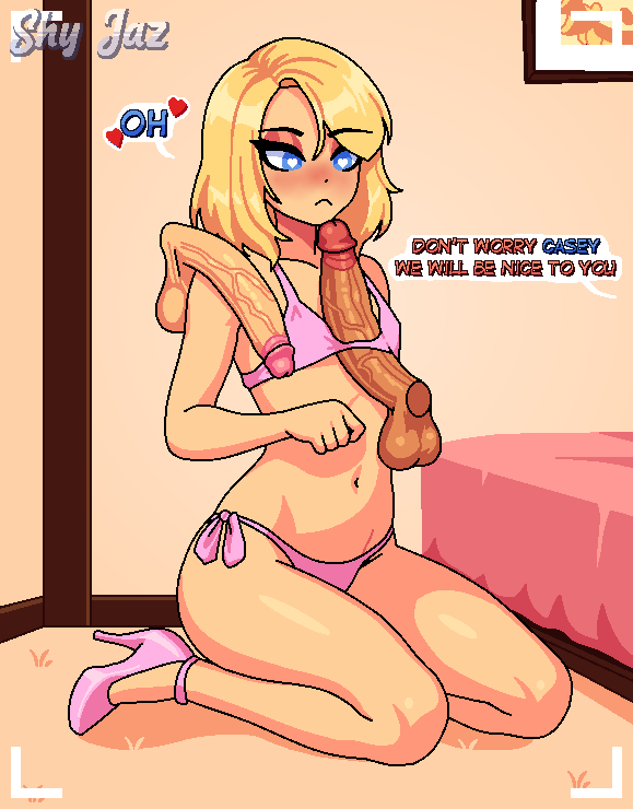 1femboy 4boys absurdly_large_cock big_cock big_penis bikini bikini_bottom bikini_top blonde_hair blue_eyes blush commission femboy floating_penis heart heart-shaped_pupils heels kneeling light_skin medium_hair original_character penis_under_clothes pink_bikini pink_bikini_bottom pink_bikini_top pink_heels pixel_art shy_jaz text