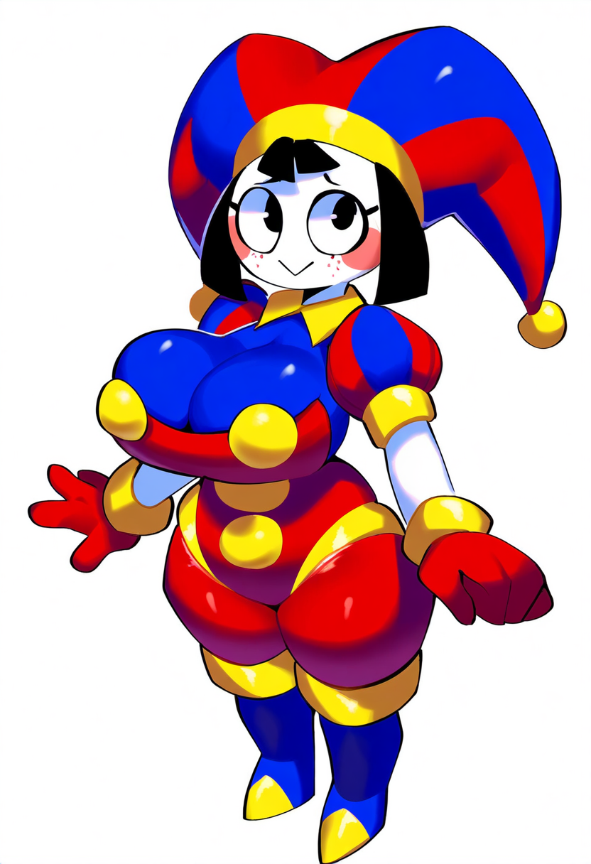 ai_generated anthro big_breasts black_hair boots breasts cleavage clothed clothing clown female fool's_hat footwear gloves hair handwear hat headgear headwear hellsonger hi_res jester noseless pomni_(the_amazing_digital_circus) short_stack simple_background smile solo standing the_amazing_digital_circus thick_thighs white_background wide_hips