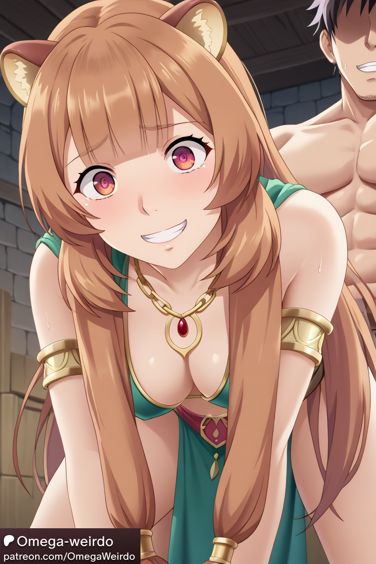 1boy 1girls ai_generated animal_ears big_breasts brown_hair constricted_pupils dancer dancer_outfit doggy_style female loincloth long_hair male muscular_male omega-weirdo patreon racoon_girl raphtalia red_eyes small_pupils smile tate_no_yuusha_no_nariagari