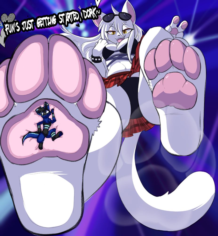 black_underwear bra crushing crushing_tiny_person cute english_text foot_fetish furry furry_only giantess macro micro micro_on_macro mithra_(p4wsized) p4wsized party paws pink_pawpads skirt smiling sunglasses_on_head underwear white_cat