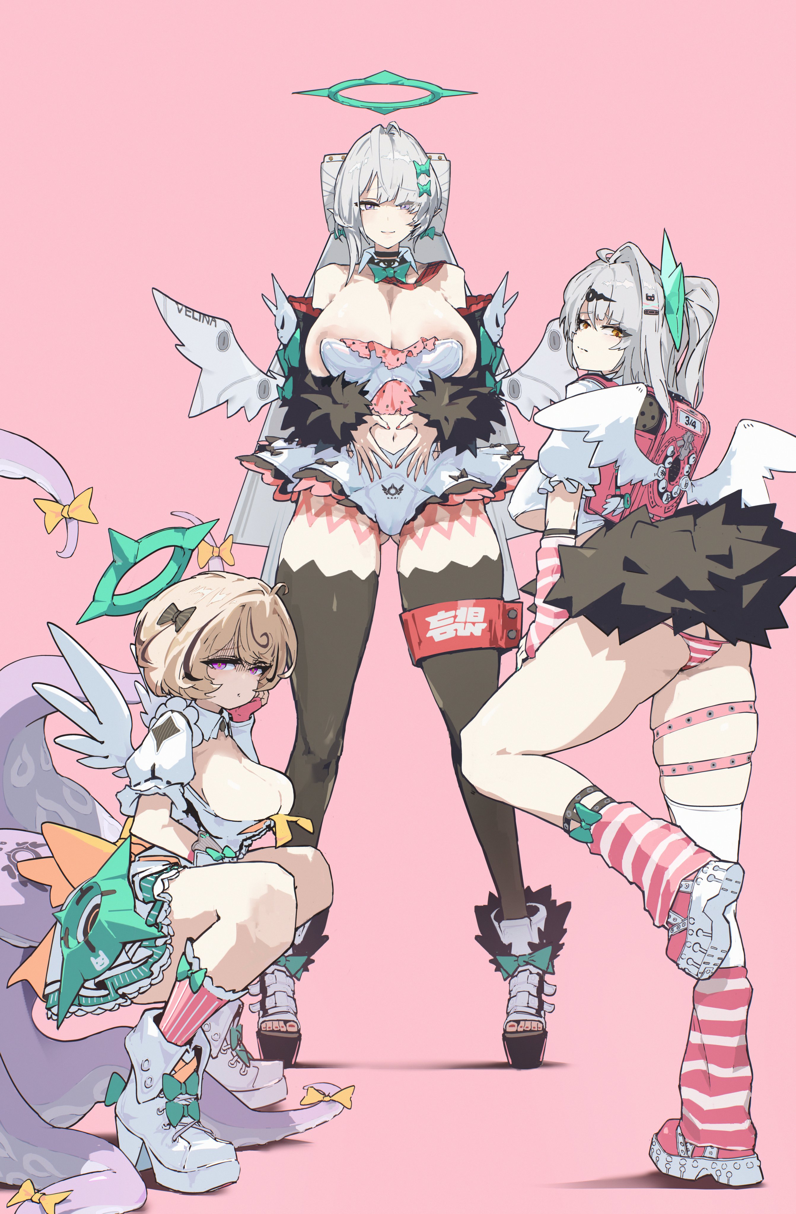 3girls, absurd res, angels of delusion, aria (zenless zone zero) (cosplay), ass, big breasts, breasts, cleavage, colored nails, cosplay, female, female focus, female only, highres, large breasts, light skin, light-skinned female, looking at viewer, mature female, nangong yu (zenless zone zero) (cosplay), painted nails, painted toenails, panties, pantyshot, red nails, rimeye, skirt, striped panties, sunna (zenless zone zero) (cosplay), thick thighs, thighs, too big for clothing, too old for this, velina airgid, wide hips, yidhari murphy, yixuan (zenless zone zero), zenless zone zero