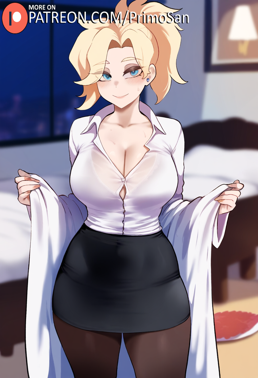 ai generated, angela ziegler, blonde hair, blue eyes, breasts, female, female only, large breasts, looking at viewer, mature female, mercy, overwatch, pantyhose, ponytail, primosan, shirt, short hair, skirt, solo, solo female, standing