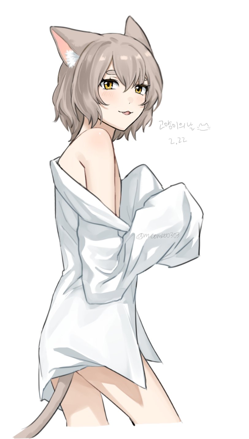 1boy 1femboy animal_ear_fluff animal_ears blush bottomless cat_boy cat_ears cat_tail cowboy_shot dated felix_argyle femboy from_side grey_hair highres korean_text looking_at_viewer looking_to_the_side meomeo0303 open_clothes open_mouth open_shirt re:zero_kara_hajimeru_isekai_seikatsu shirt shirt_partially_removed short_hair simple_background single_bare_shoulder sleeves_past_fingers sleeves_past_wrists solo tail turning_head white_background white_shirt yellow_eyes